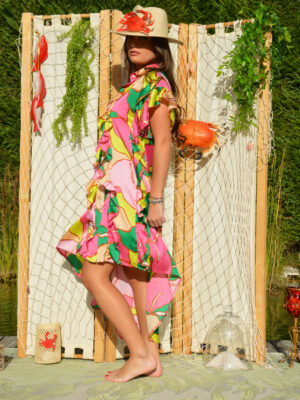 Robe courte Alayout soie fleurs fluo
