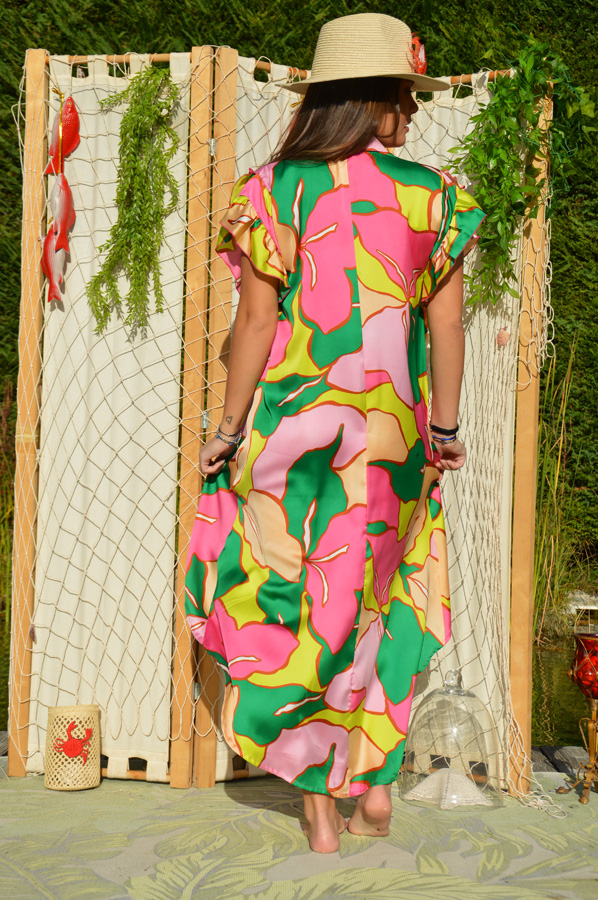 Robe courte Alayout soie fleurs fluo