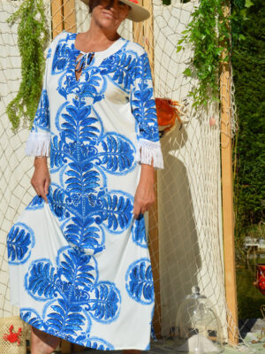 Robe longue Brigitte bleue et blanche